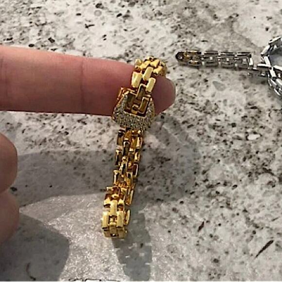 Gold Belt Buckle Bracelet Matching Ring Set, Zircon, Chain Link, Minimalist - Picture 6 of 13